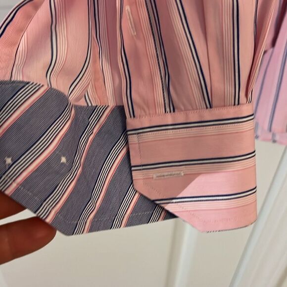 Beautiful Pink Blue stripe Tailorbyrd LS Party Button down shirt L w/ marks back - Picture 4 of 6